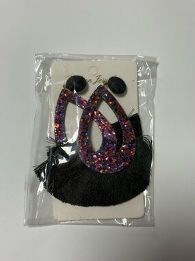 Sparkle Teardrop Fringe Earrings - Black and Multicolor Glitter